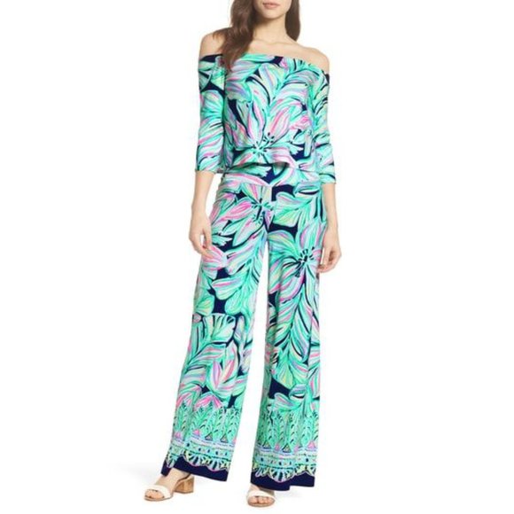 Lilly Pulitzer Pants - Lilly Pulitzer Weslee Floral Crop Top and Palazzo Pant Set High Tide Navy Small